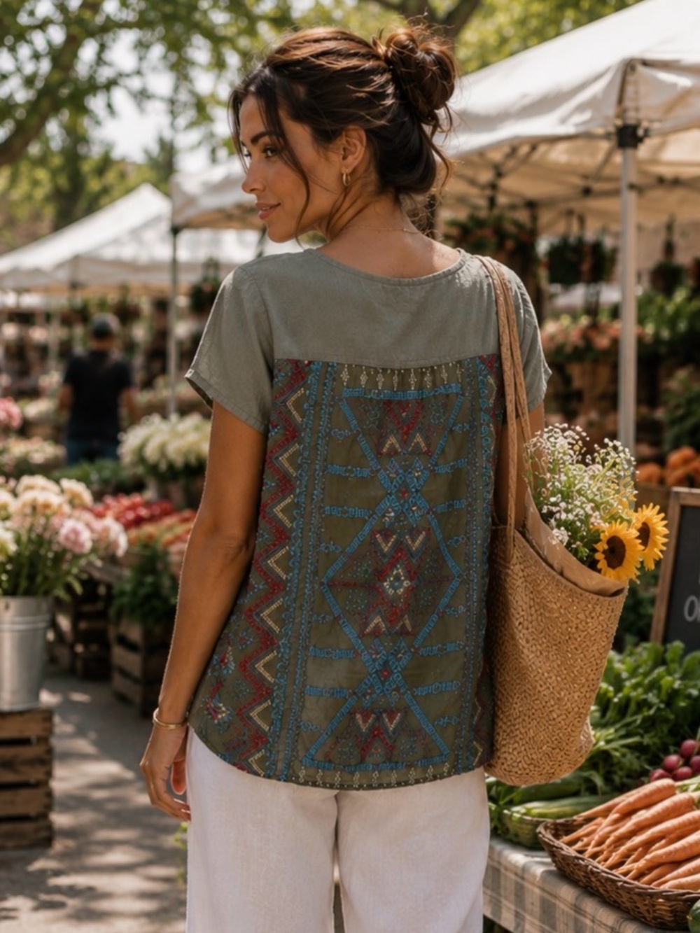 Johnny Was Los Angeles‎ Joy Love Light Embroidered Linen Tunic Boho Festival